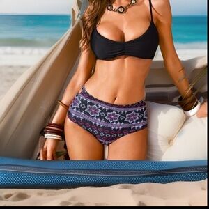 Tribal High Waist Bikini 2Pc W/Pads lining Bottoms 4 Cuts On Sides Of Bikini Set